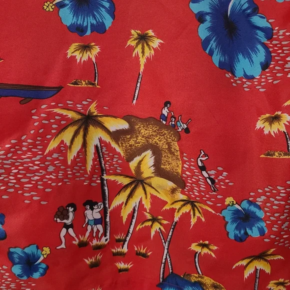 Cellini Vintage men's Hawaiian shirt size L Red Island Scenic Print - Picture 4 of 7
